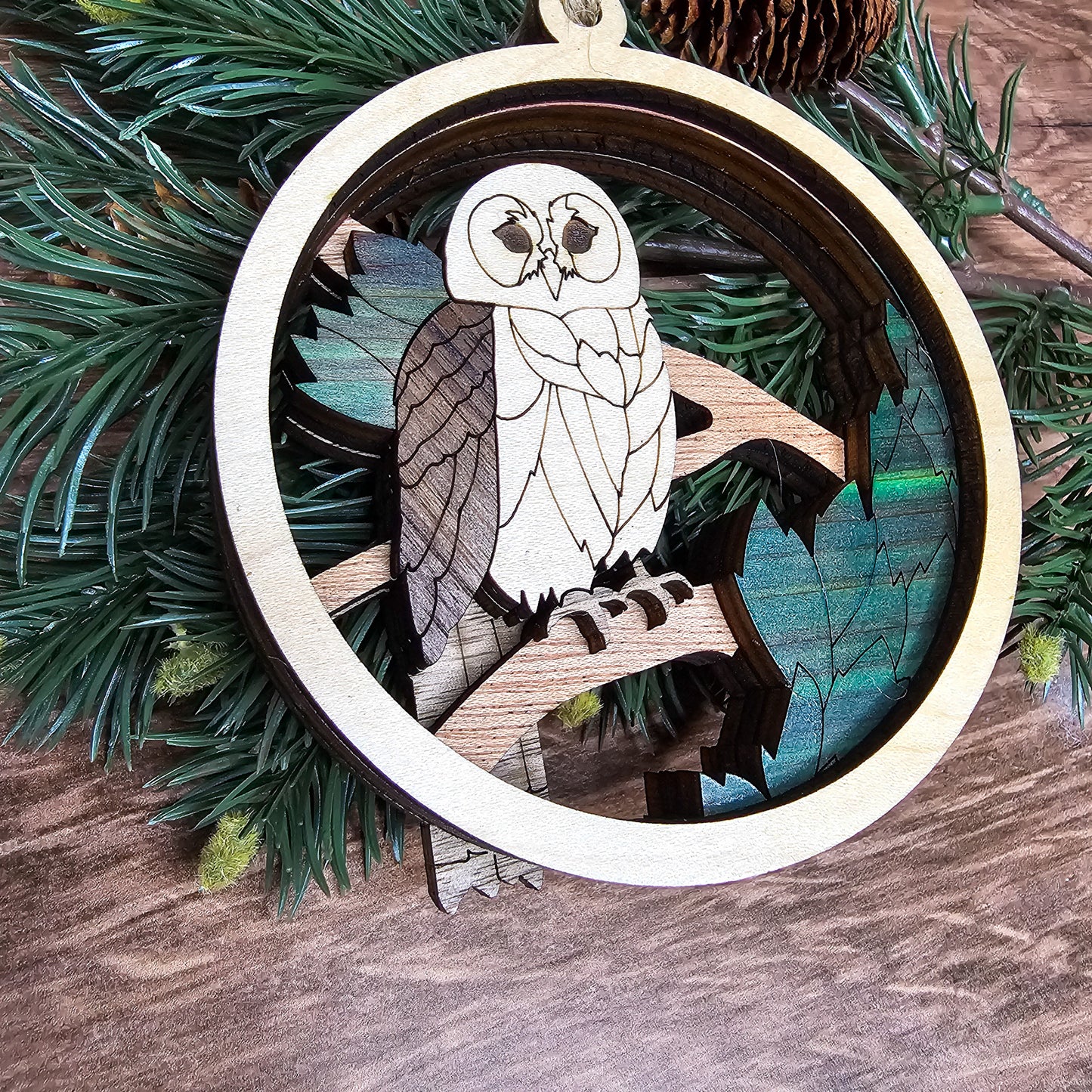 Wood Quilt Owl Ornament-Natural