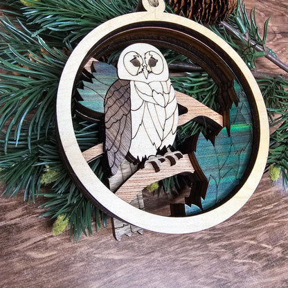 Wood Quilt Owl Ornament-Natural