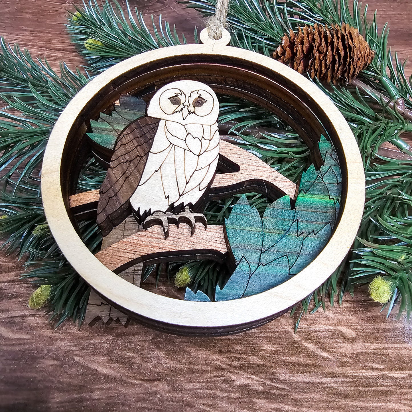 Wood Quilt Owl Ornament-Natural