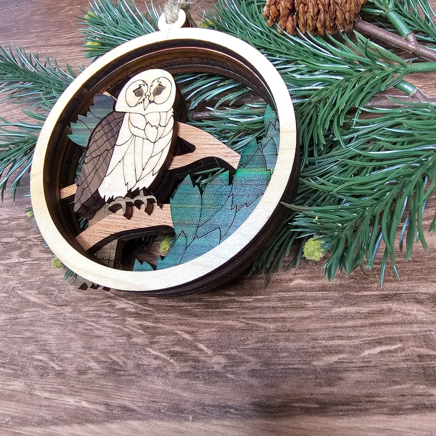 Wood Quilt Owl Ornament-Natural