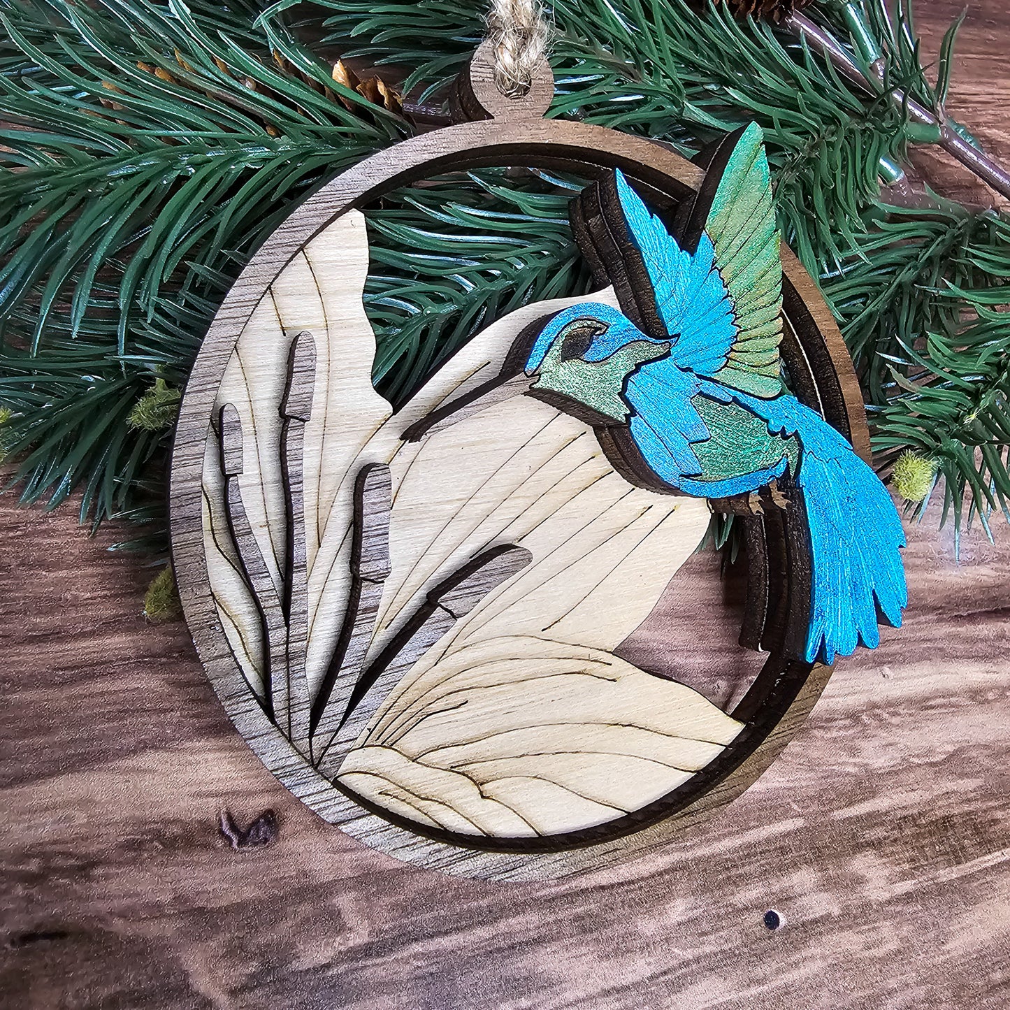 Wood Quilt Hummingbird Ornament-Natural