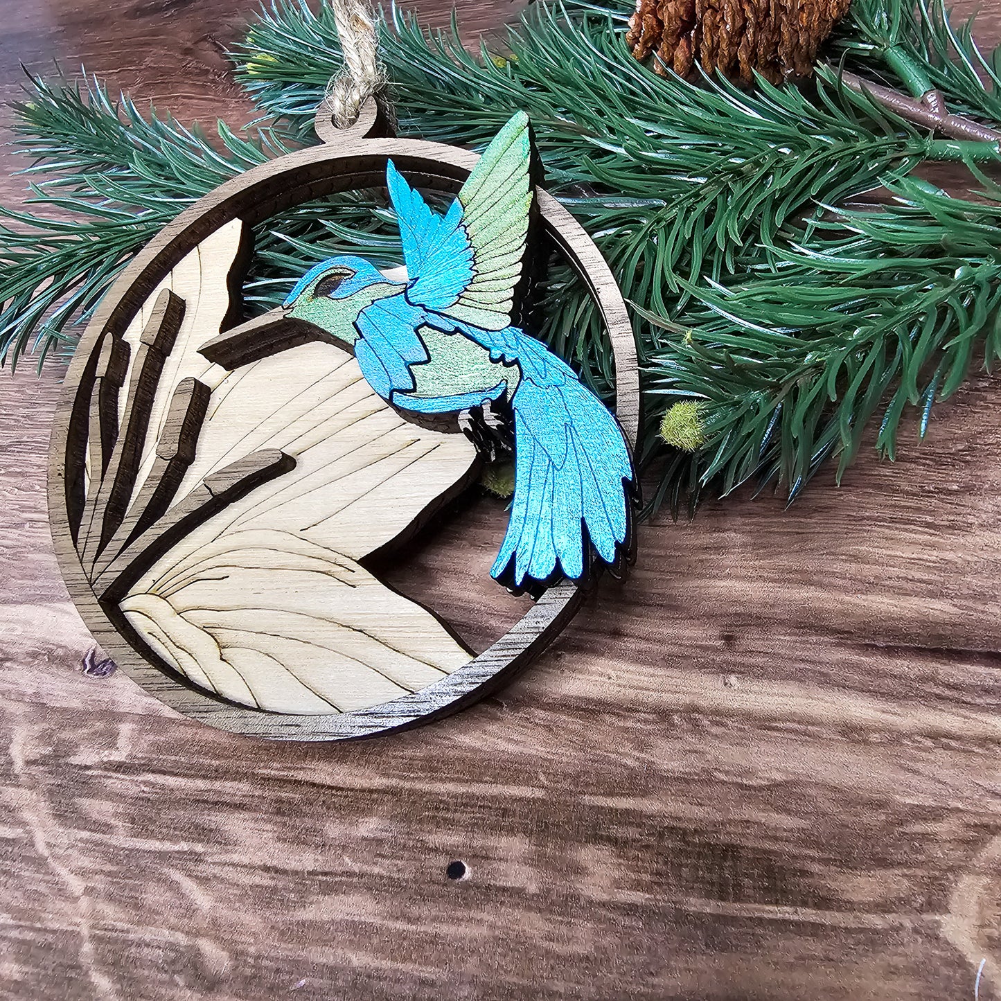 Wood Quilt Hummingbird Ornament-Natural