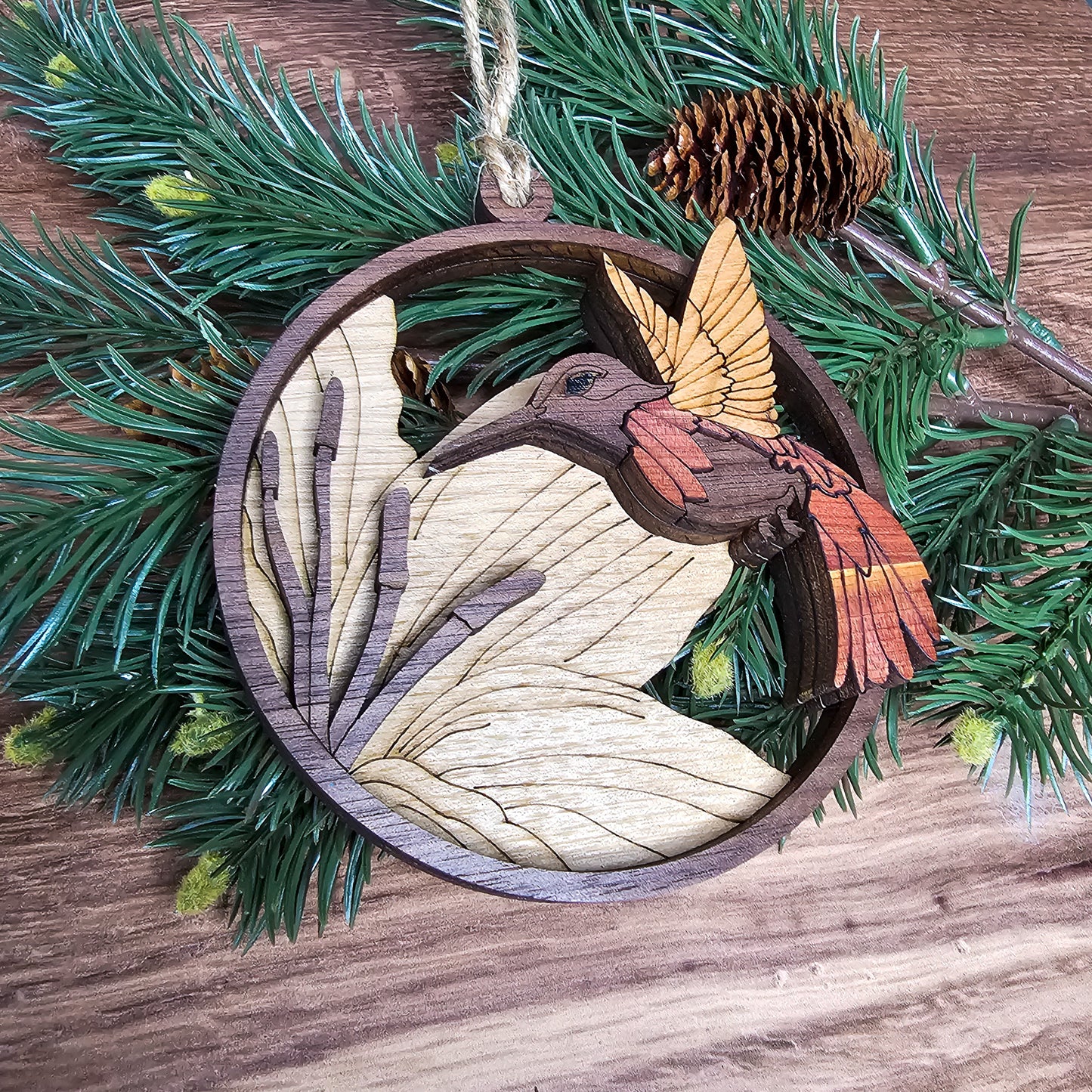 Wood Quilt Hummingbird Ornament-Natural