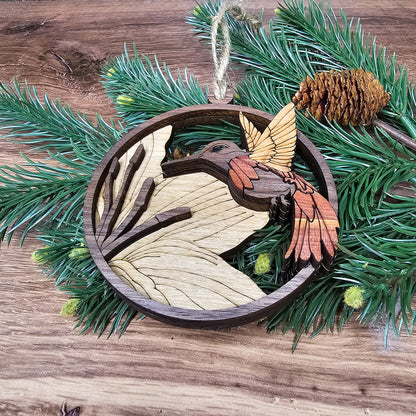 Wood Quilt Hummingbird Ornament-Natural