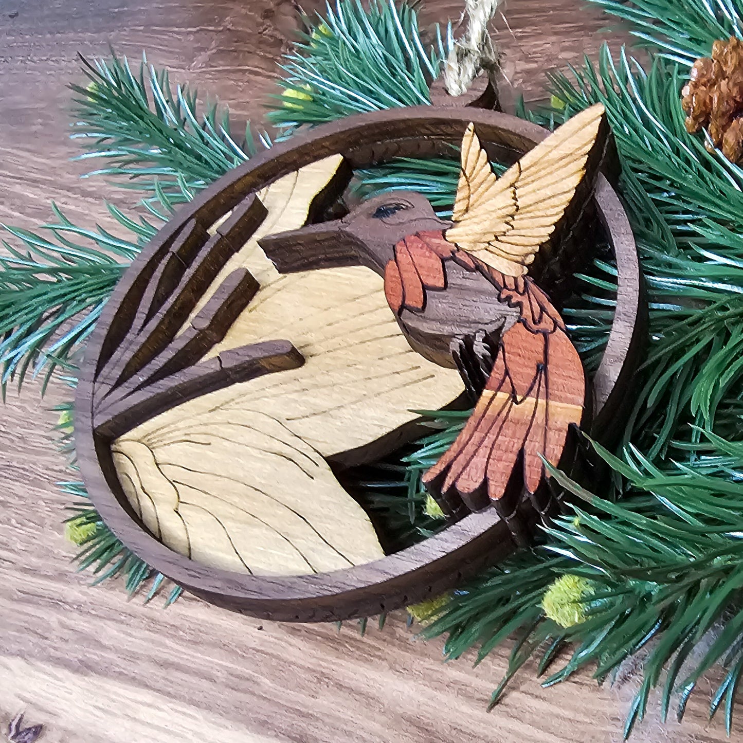 Wood Quilt Hummingbird Ornament-Natural