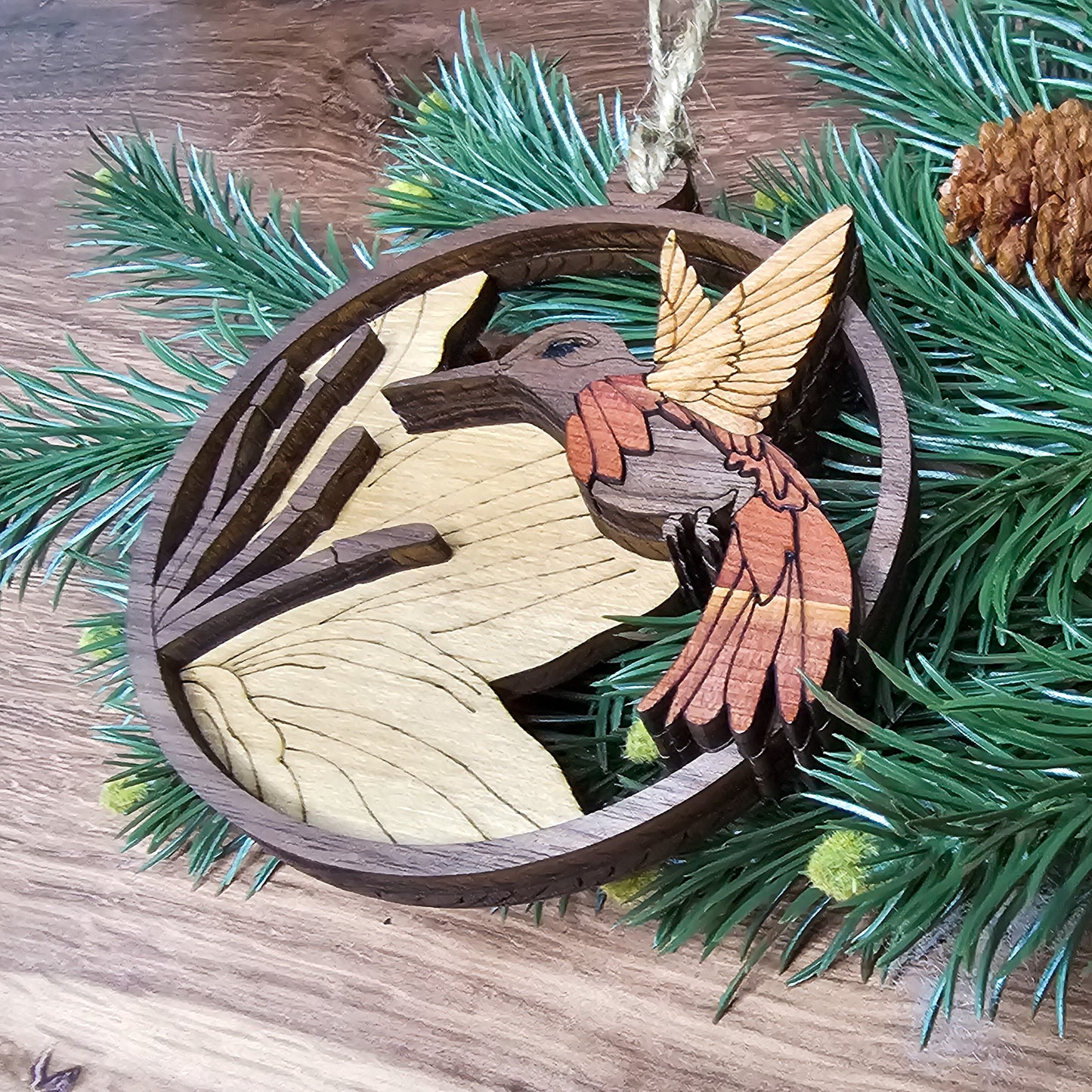 Wood Quilt Hummingbird Ornament-Natural