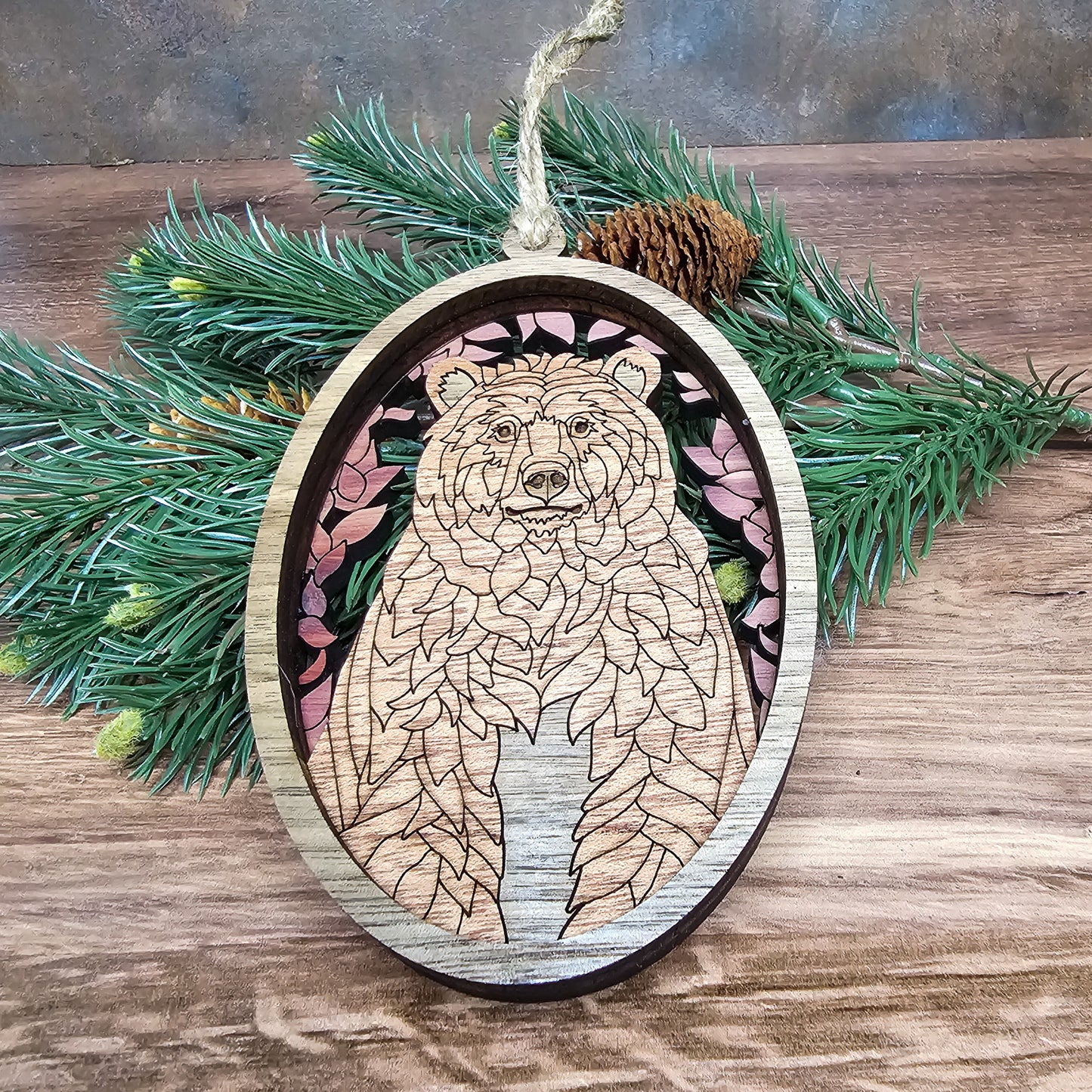 Wood Quilt Bear Ornament