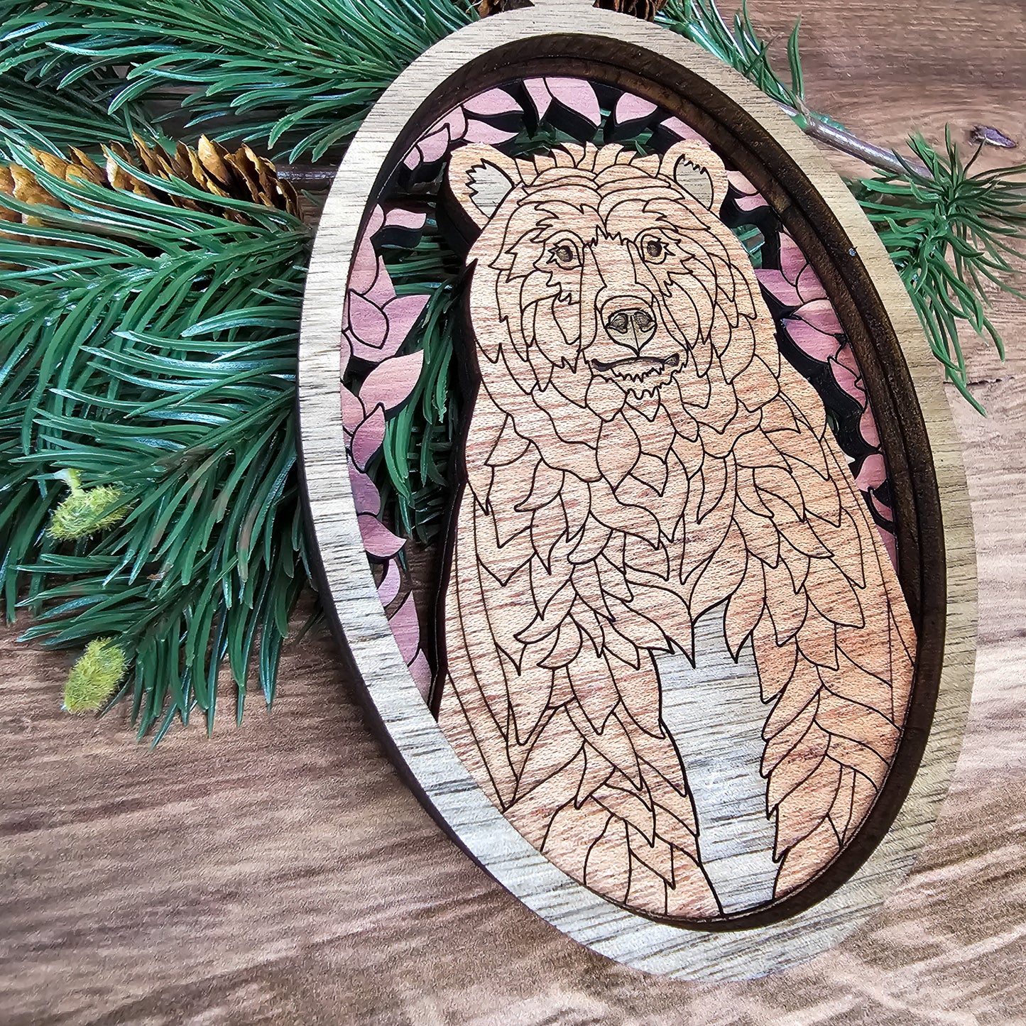 Wood Quilt Bear Ornament