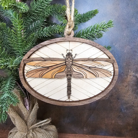 Wood Quilt Dragonfly Ornament-Natural