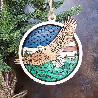 Wood Quilt Eagle Ornament-Painted