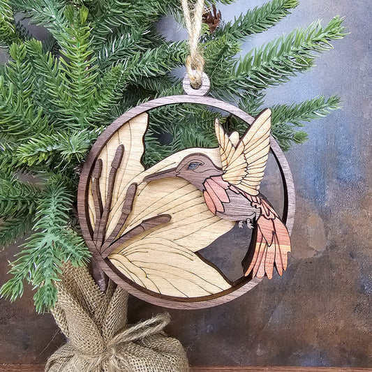 Wood Quilt Hummingbird Ornament-Natural