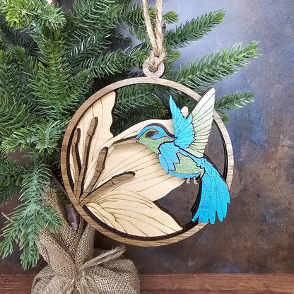 Wood Quilt Hummingbird Ornament-Natural