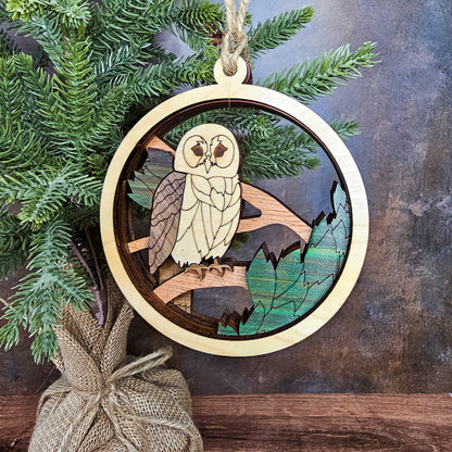 Wood Quilt Owl Ornament-Natural