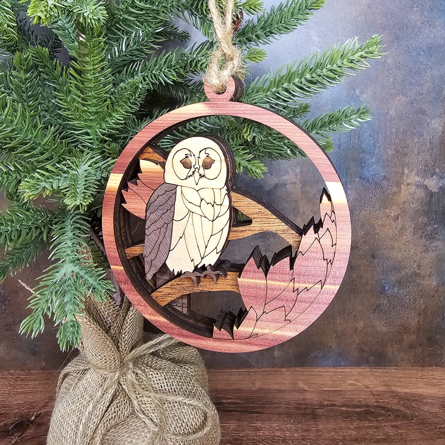 Wood Quilt Owl Ornament-Natural