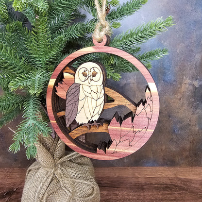 Wood Quilt Owl Ornament-Natural