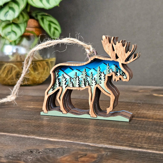 Mini Wood 3D Moose Christmas Tree Ornament