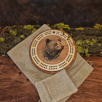 Bear Engraved Mini Travel-Sized Circle Cribbage Board