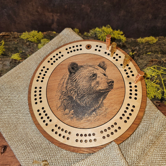 Bear Engraved Mini Travel-Sized Circle Cribbage Board