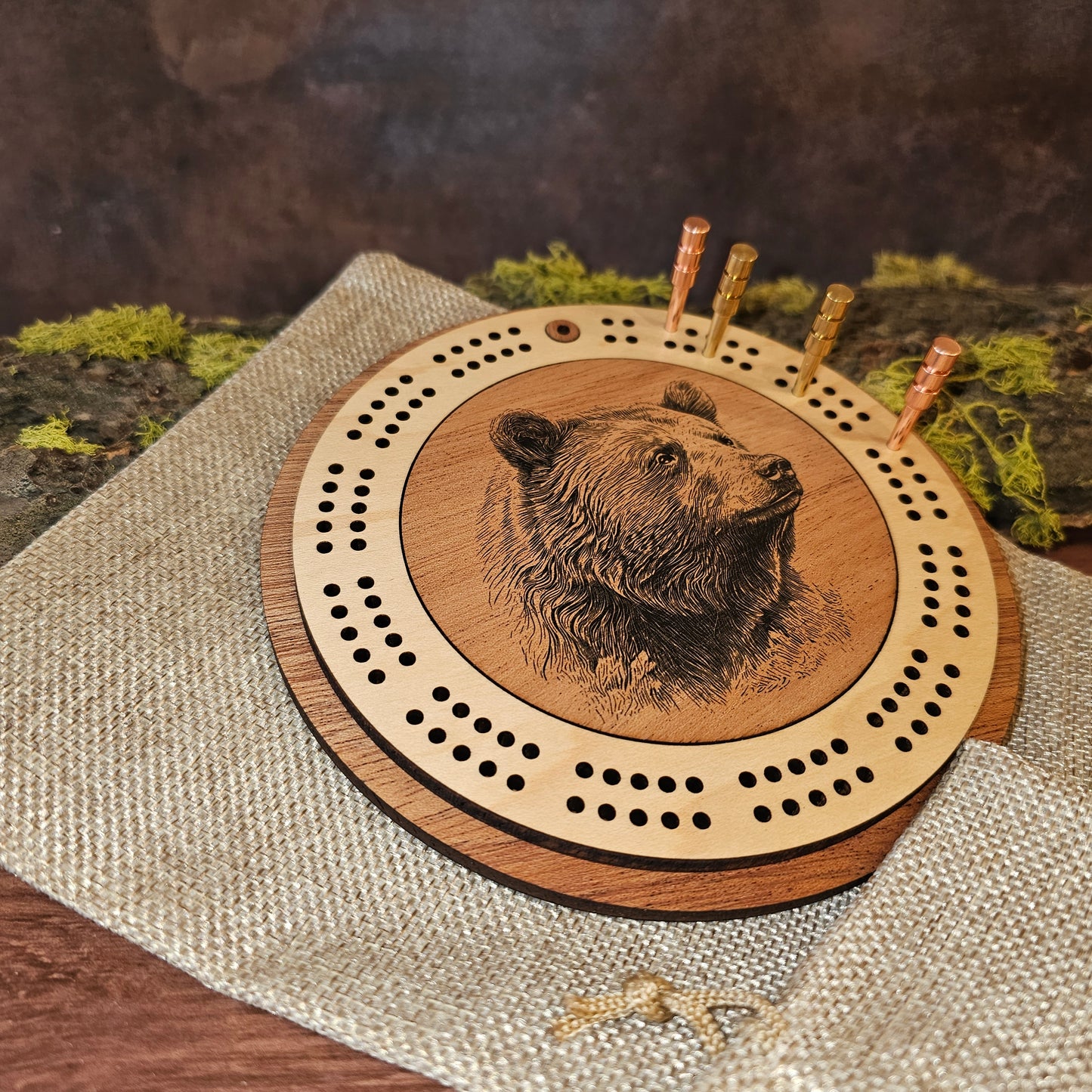 Bear Engraved Mini Travel-Sized Circle Cribbage Board