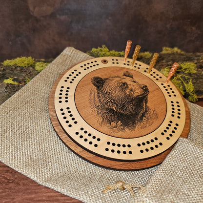 Bear Engraved Mini Travel-Sized Circle Cribbage Board