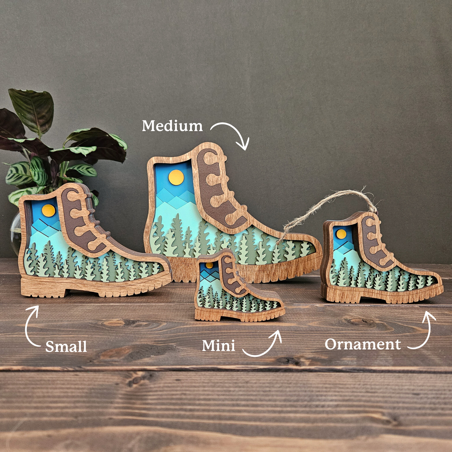 3D Layered Hiking Boot Art with Mountains & Trees