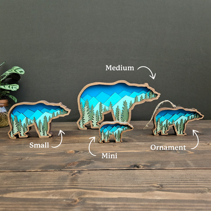 3D Layered Wood Grizzly Bear Art With Mountain and Forest Landscape