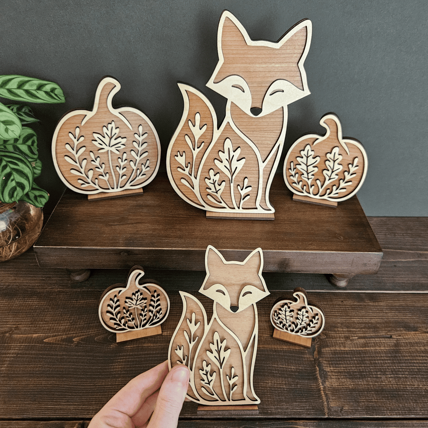 Wooden Fox & Pumpkin Trio – Mini & Large Rustic Woodland Shelf Sitters