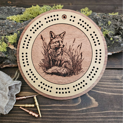 Fox Engraved Mini Circle Travel Cribbage Board