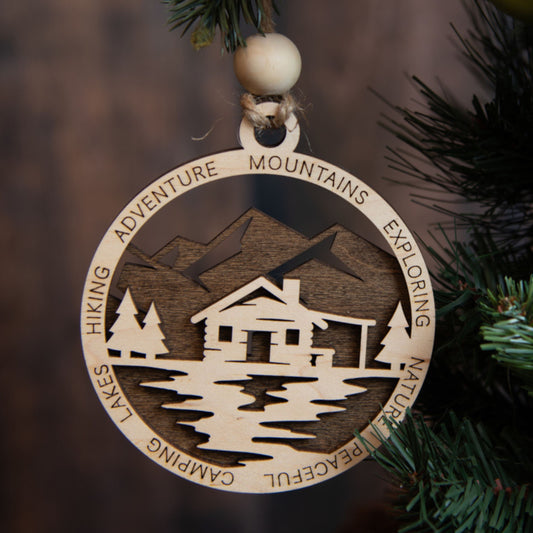 Log Cabin on the Lake Scene Christmas Tree Ornament (Great Outdoors Collection)