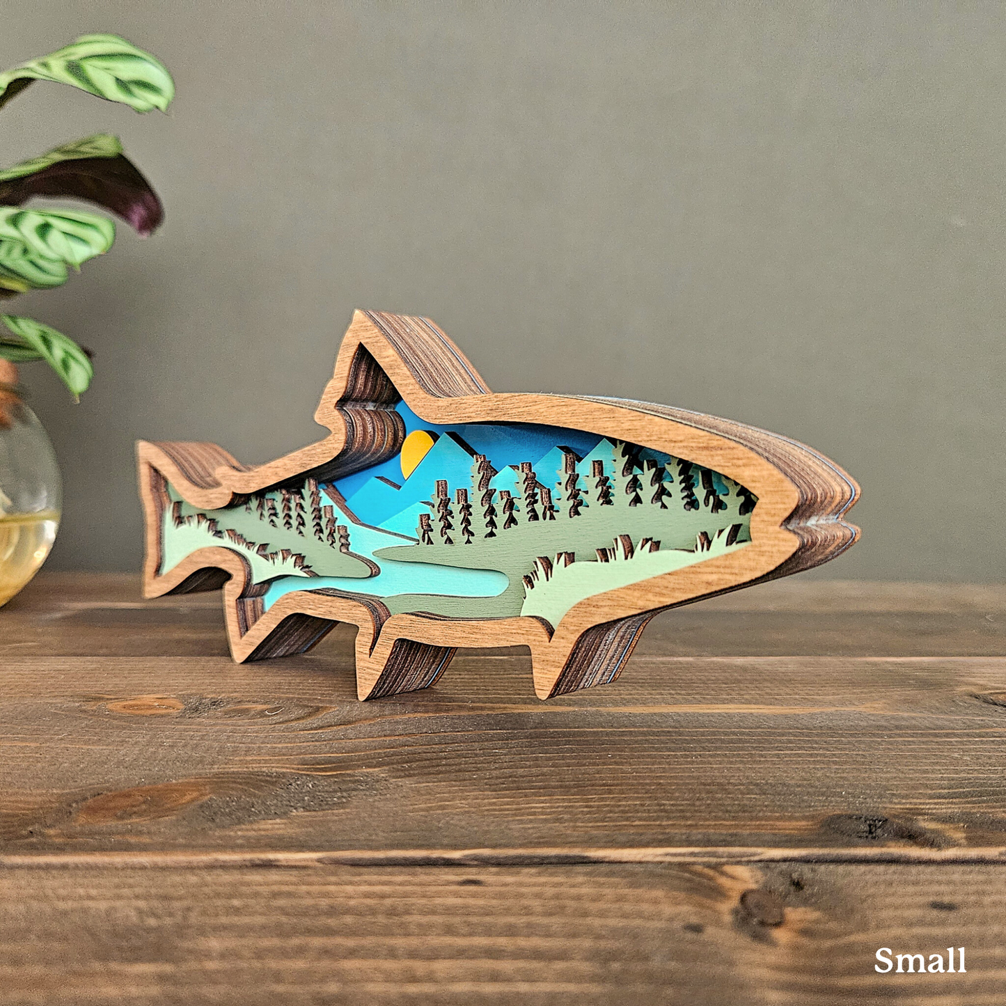 Layered Wood Fish Art With Mountains and Trees