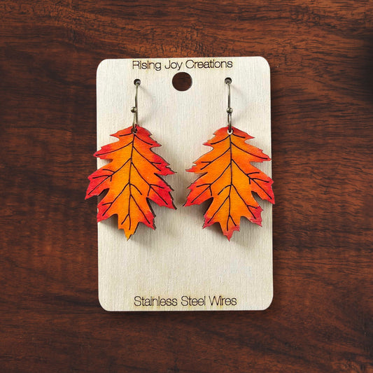 Hand-Painted Maple Wood Red Oak Leaf Fall Dangle Earrings