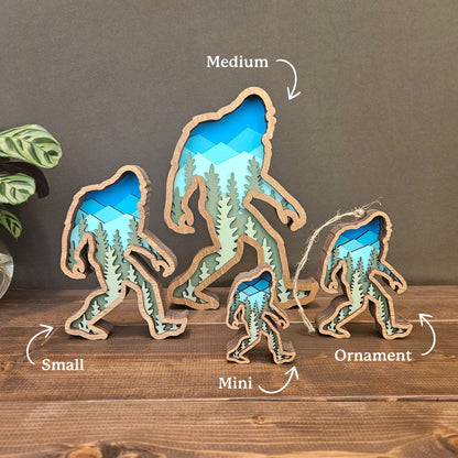 3D Layered Wood Bigfoot Sasquatch Art with Mountain and Forest Landscape-New Version!