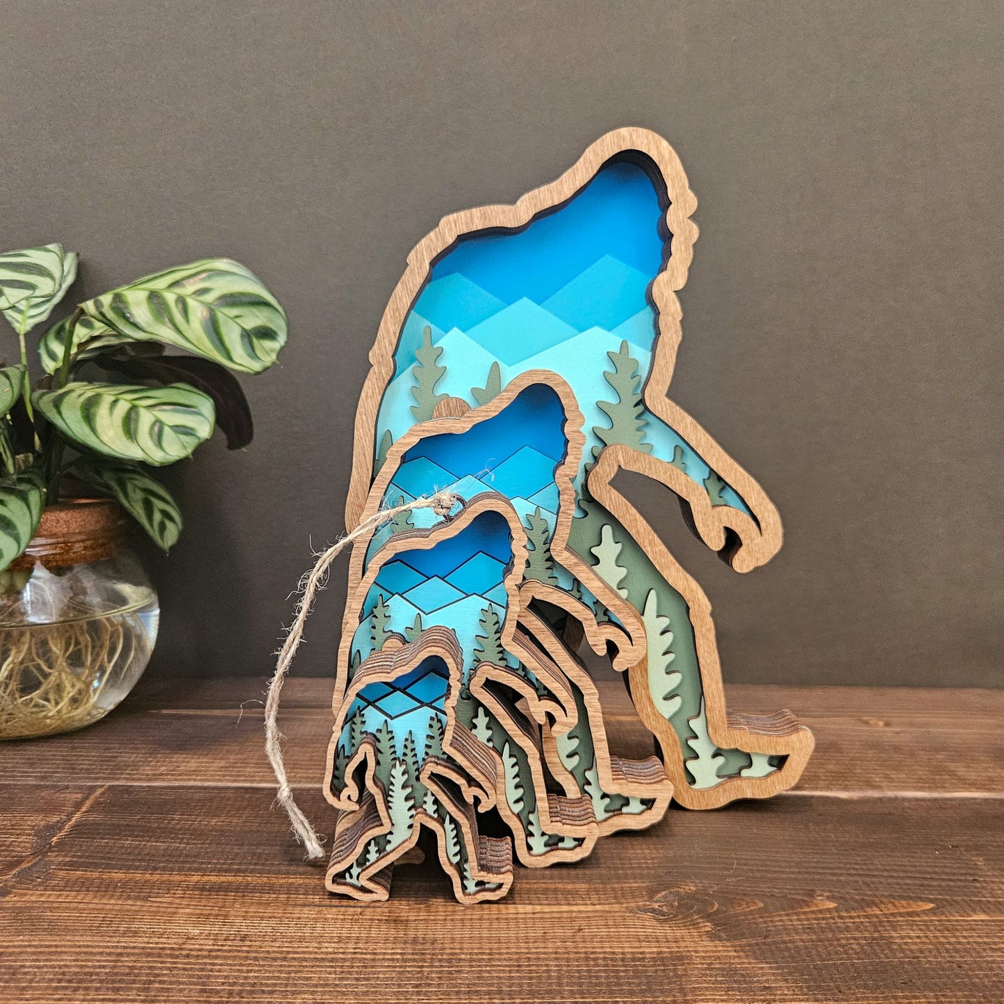 3D Layered Wood Bigfoot Sasquatch Art with Mountain and Forest Landscape-New Version!