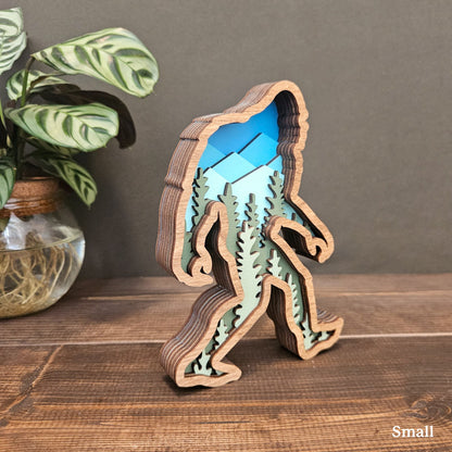 3D Layered Wood Bigfoot Sasquatch Art with Mountain and Forest Landscape-New Version!