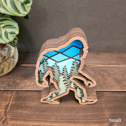 3D Layered Wood Bigfoot Sasquatch Art with Mountain and Forest Landscape-New Version!