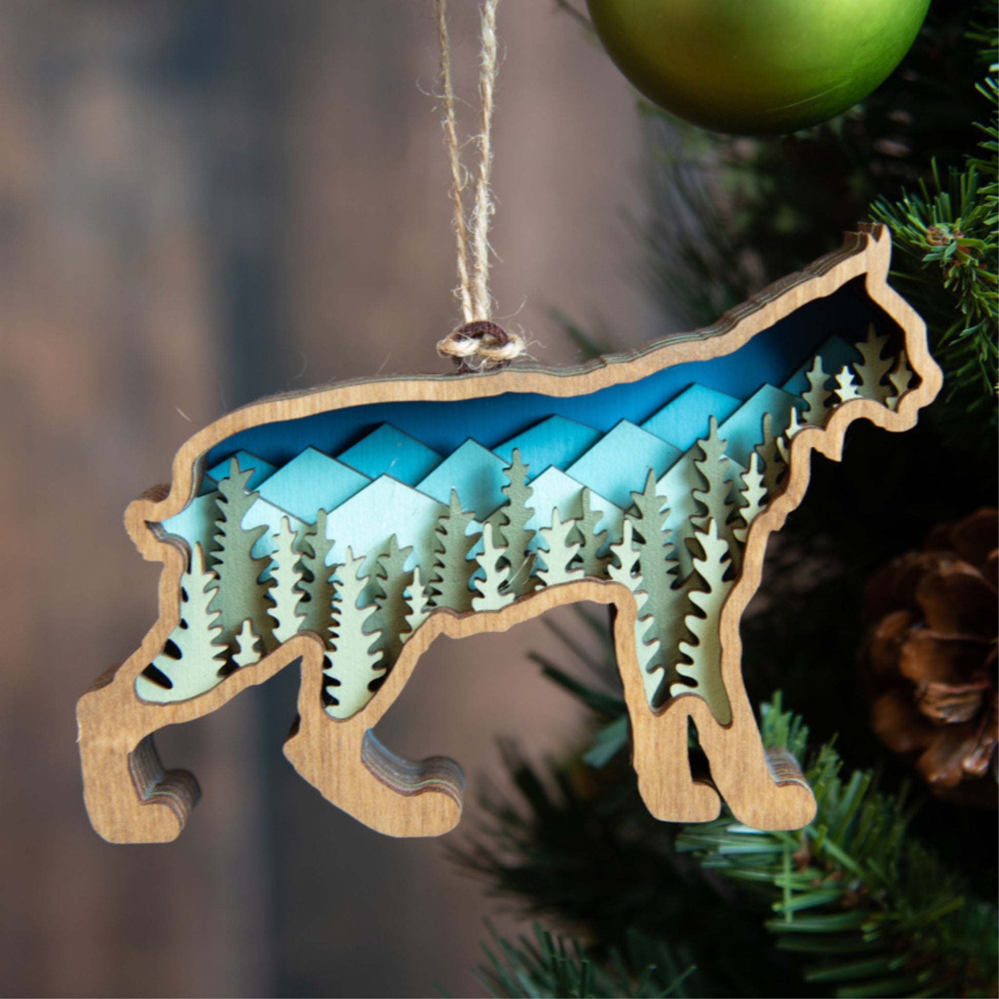 Wolf Mountain - Layered 3-D Wooden Ornament Collection by Acorn & Fox