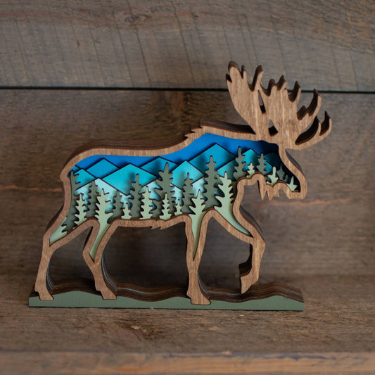 3D Layered Wood Majestic Moose Wall Art with Mountain and Forest Landscape