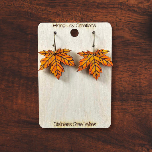 Hand-Painted Maple Wood Maple Leaf Fall Dangle Earrings