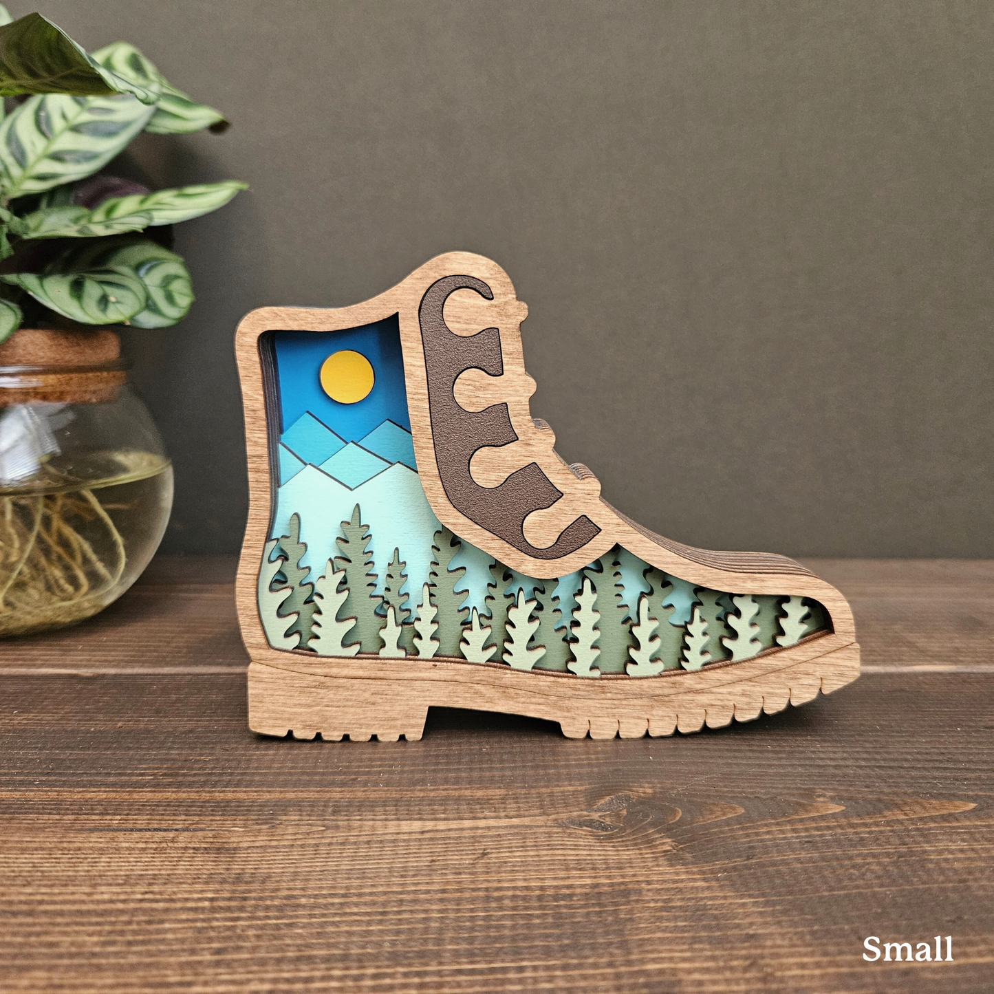 3D Layered Hiking Boot Art with Mountains & Trees