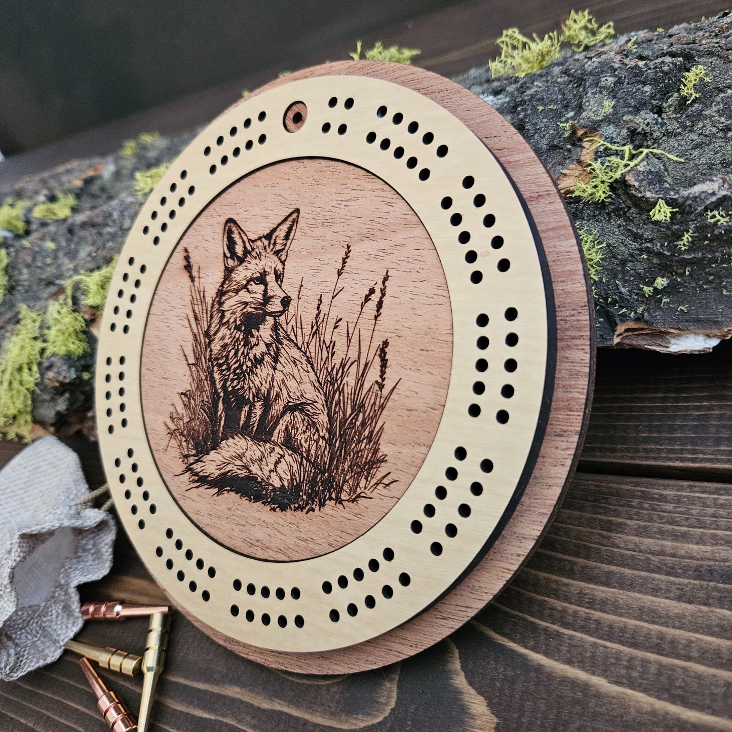 Fox Engraved Mini Circle Travel Cribbage Board