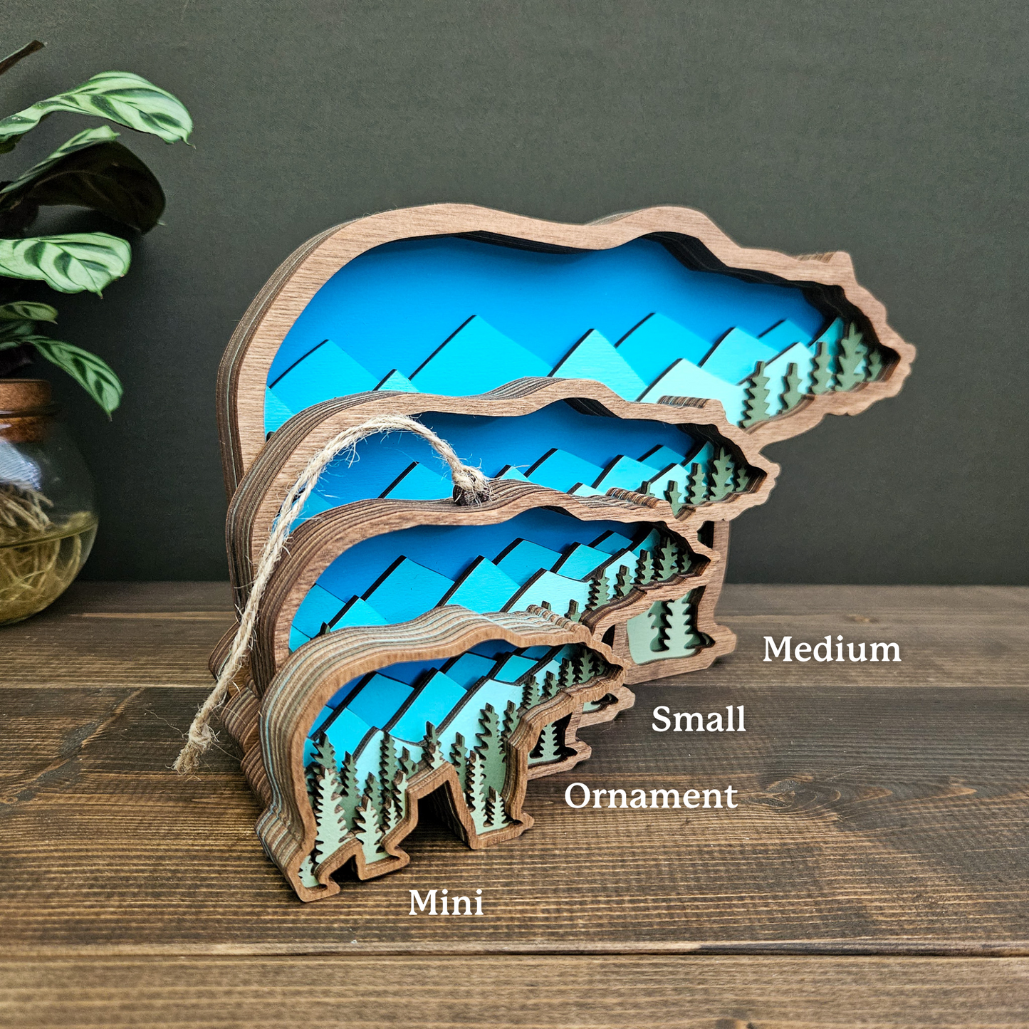 3D Layered Wood Grizzly Bear Art With Mountain and Forest Landscape