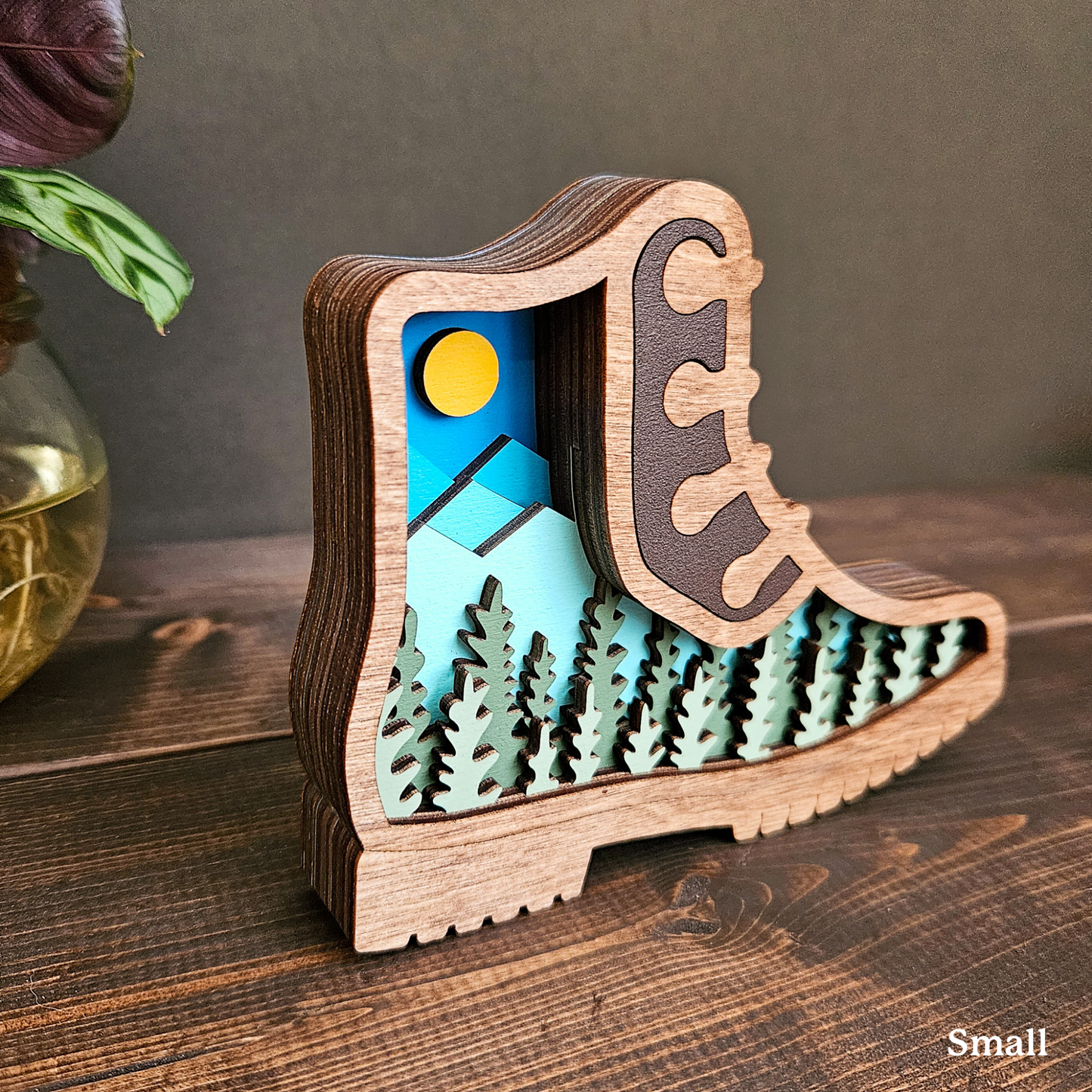 3D Layered Hiking Boot Art with Mountains & Trees