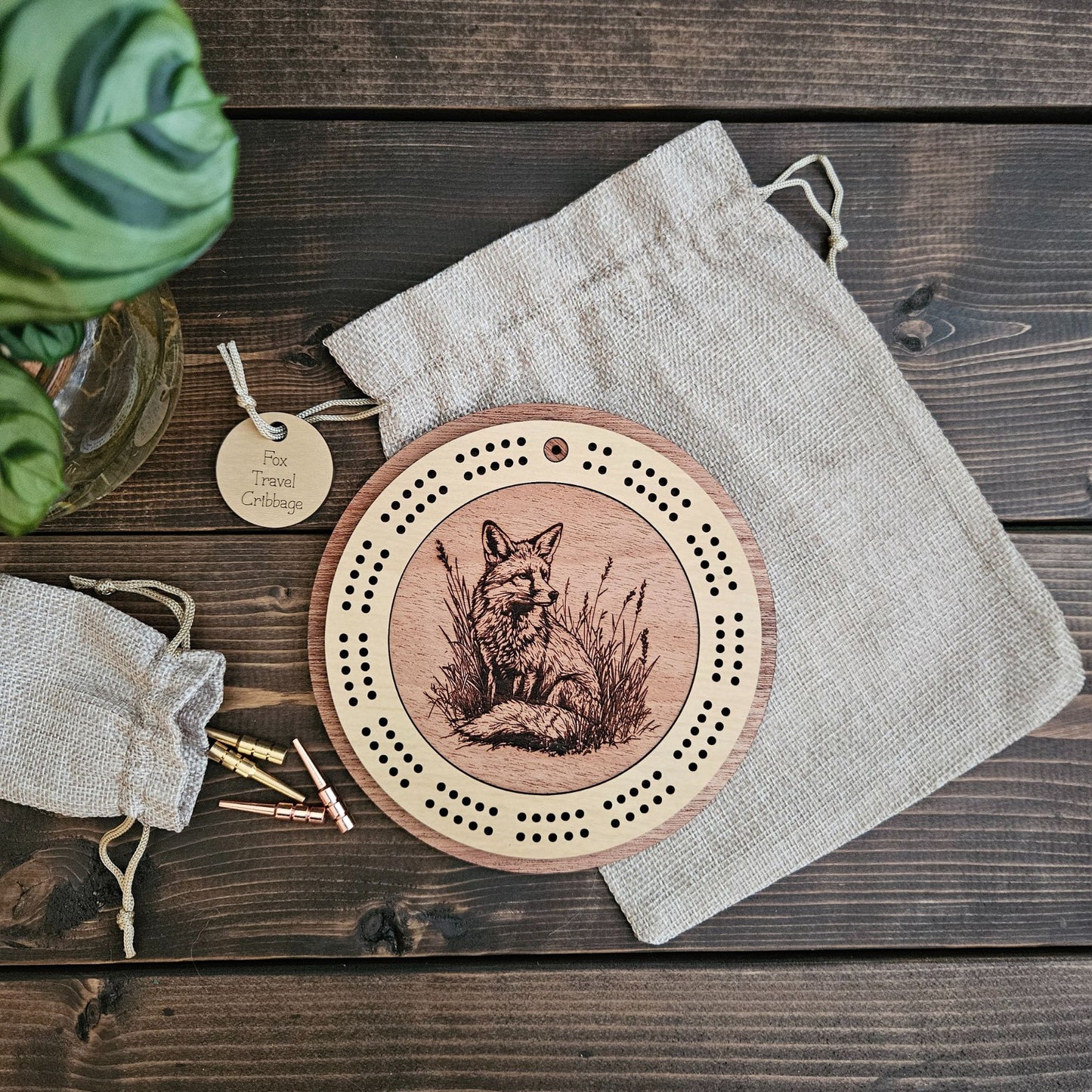 Fox Engraved Mini Circle Travel Cribbage Board