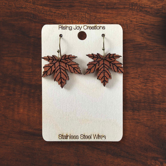Sapele Wood Maple Leaf Fall Dangle Earrings