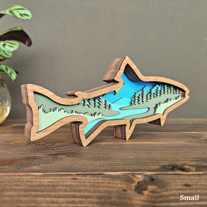 Layered Wood Fish Art With Mountains and Trees
