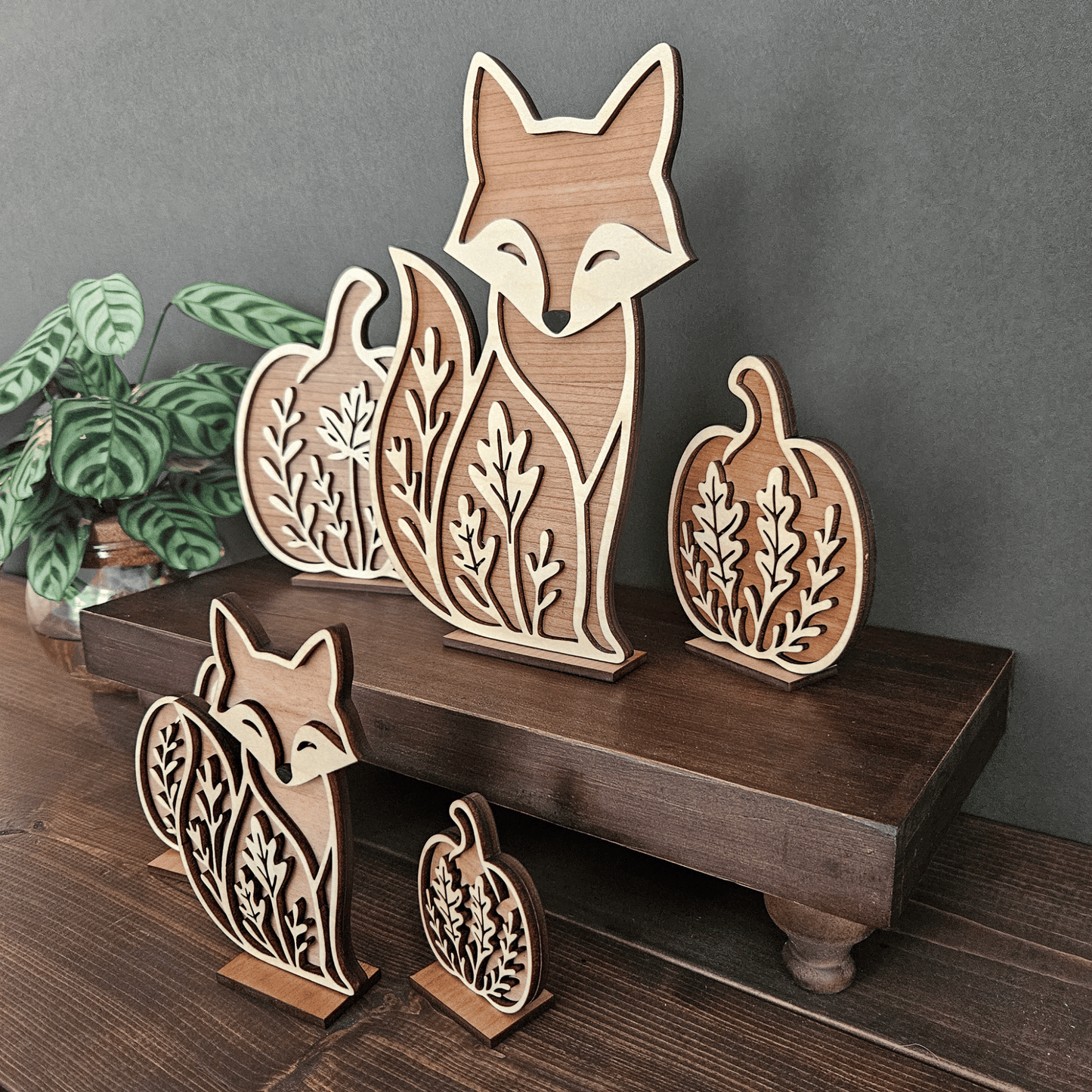 Wooden Fox & Pumpkin Trio – Mini & Large Rustic Woodland Shelf Sitters