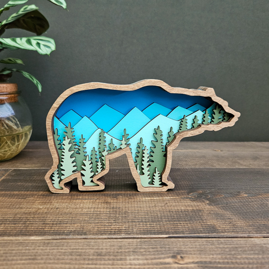 3D Layered Wood Grizzly Bear Art With Mountain and Forest Landscape