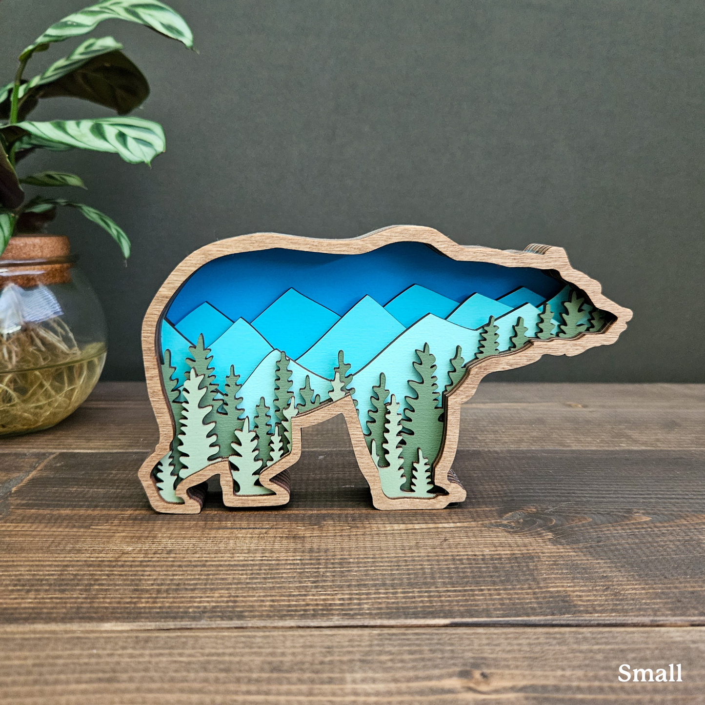 3D Layered Wood Grizzly Bear Art With Mountain and Forest Landscape