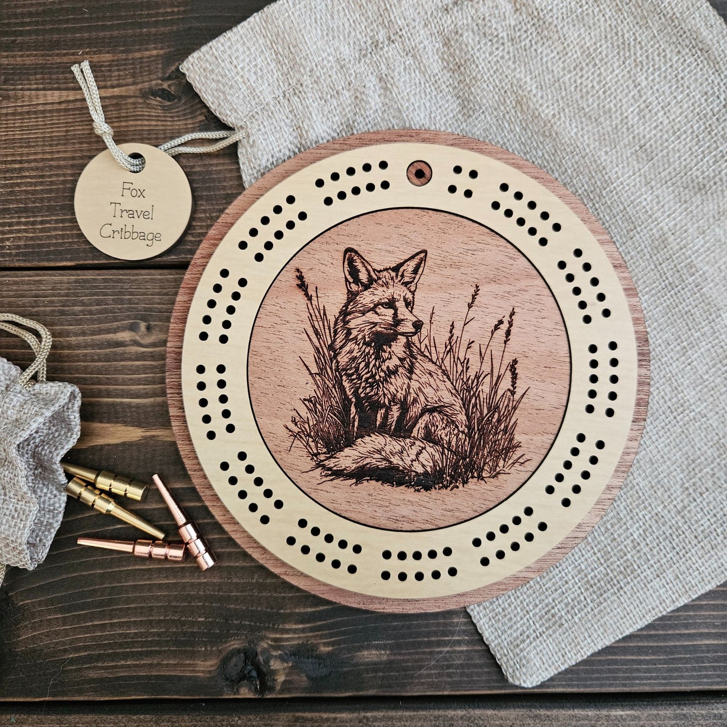 Fox Engraved Mini Circle Travel Cribbage Board