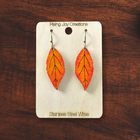 Hand-Painted Maple Wood Ash Leaf Fall Dangle Earrings
